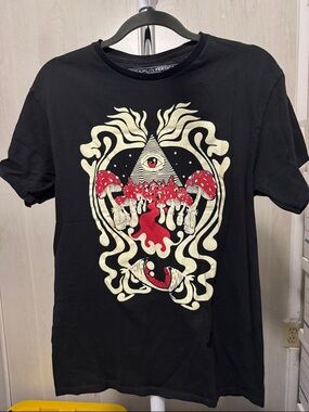 Unisex Black Short-Sleeve Graphic Tee with Red Mushroom Motif from Hot Topic